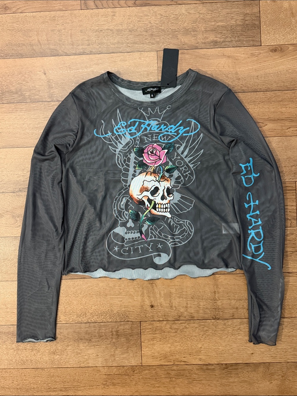 Ed Hardy Size Extra Large Rose & Skull Mesh Long Sleeve Top NWT In Charcoal XL